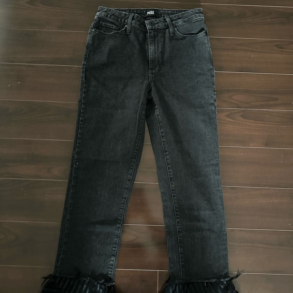 PAIGE Charcoal Straight Leg Jeans with Frayed Hem